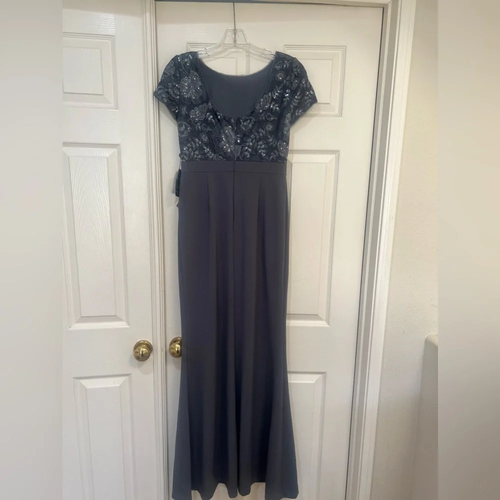 Adrianna Papell‎ Formal Dress Gown Gray Floral Embroidery  Ruffle Side Slit 2 - Picture 5 of 15